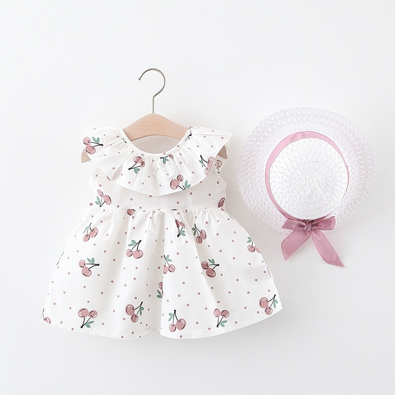 Baby Doll Collar Cherry Print Dress with Hat